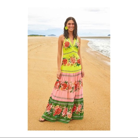 Farm Rio Manuela Halter Floral Scalloped Colorful Pastel Maxi Dress